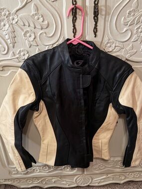 G-Brand Black and Cream Perforated Leather Motorcycle Jacket